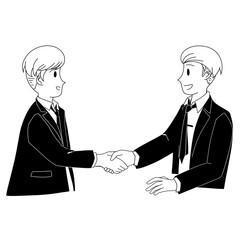 Fototapeta premium Cartoon black and white illustration of two men shaking hands