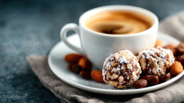 Savor the moment with a steaming cup of coffee paired perfectly with delectable chocolate treats, enhancing the delightful aroma and experience of indulgence.