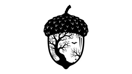 Acorn Silhouette: A stylized acorn silhouette reveals a miniature forest scene within, featuring a gnarled tree and a silhouetted bat in flight, evoking a sense of natural wonder and mystery. © Mdalamgir