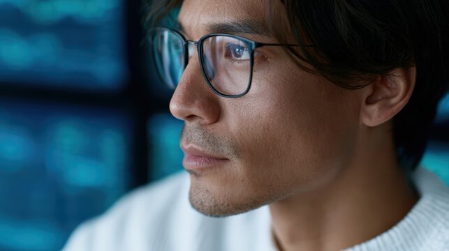 Analyst studying data trends on digital displays while utilizing generative AI as a strategic decision-making tool
