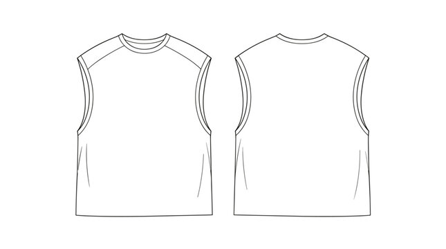 sleeveless tank top flat sketch vector illustration mens crew neck muscle tee sports apparel front and back view technical cad drawing template