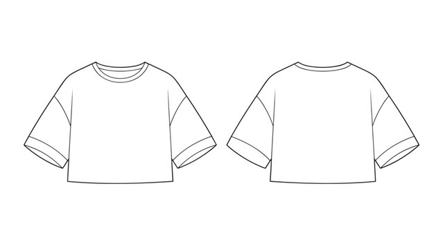boxy crop t shirt flat sketch vector illustration women oversize short sleeve drop shoulder tee front and back view technical cad drawing template