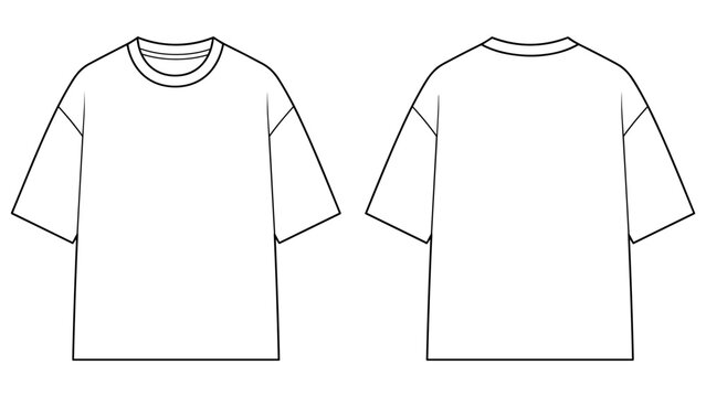 wide fit boxy t shirt flat sketch vector illustration mens short sleeve oversized basic tee front and back view technical cad drawing template