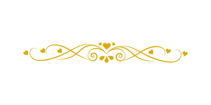 Elegant golden decorative divider with heart accents isolated on transparent background