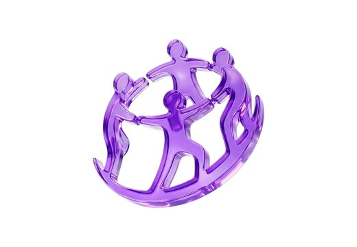 Purple stylized people figures holding hands in a circle representing teamwork and unity