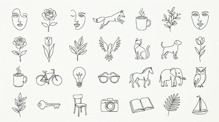 Fototapeta premium Minimalist continuous line drawing icon set collection