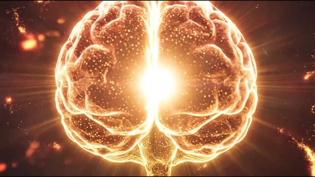 Exploding golden brain shining with radiant light and sparks.