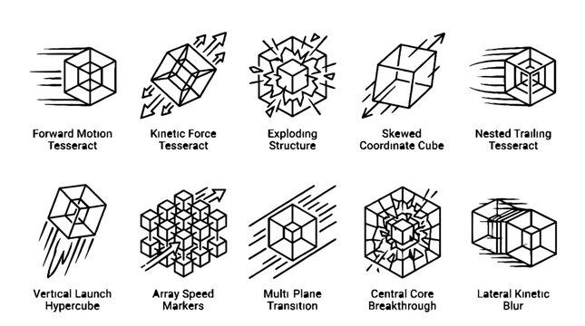 Set of abstract geometric cube icons representing motion and kinetic energy in black and white line art.