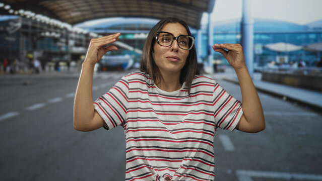 Woman wearing glasses pinches air between fingers with a puzzled squint at airport terminal curbside; frustration travel delay.