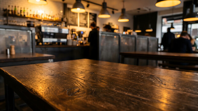 Empty wooden table in modern cafe interior with industrial decor and blurred background for product mockup display.