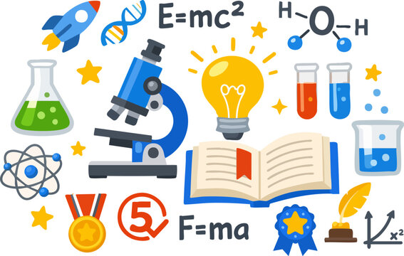 Science education and school STEM icons set. Vector flat illustrations of laboratory microscope, chemistry flask beaker, open book with idea lightbulb, physics formulas, atom structure, and academic r