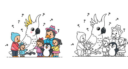 Fototapeta premium Cute Cartoon Kids Interacting with Cockatoo and Penguin
