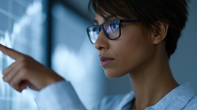 Analyst studying data trends on digital displays while utilizing generative AI as a strategic decision-making tool