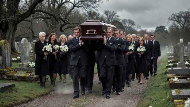 Pallbearer solemn walk under bare trees with casket and mourners in dark suits