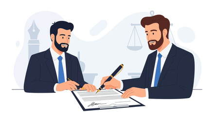 Obraz premium Businessmen signing contract agreement, legal partnership, lawyers shaking hands, justice scales, modern flat design vector illustration