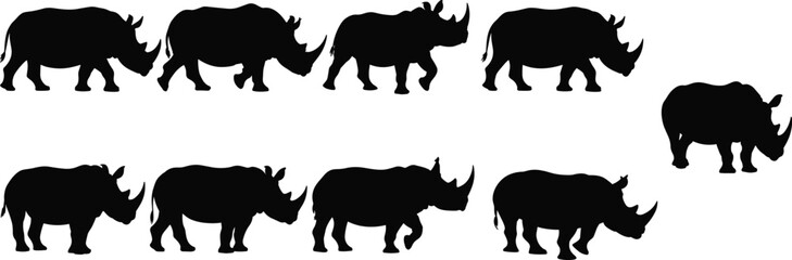Rhinoceros silhouette vector set, collection of walking and standing rhinos, isolated black icons on white background © Mst