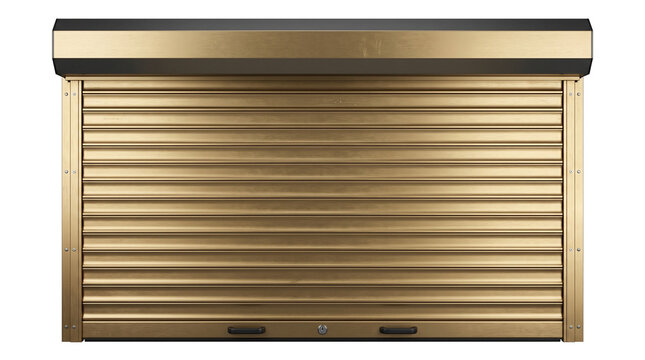 Isolated gold metal shutter door with transparent background, perfect for design and architecture projects, showcasing a sleek and modern security shutter with horizontal slats and secure lock