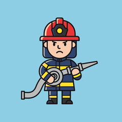 Fototapeta premium Cartoon fireman in uniform holding hose.