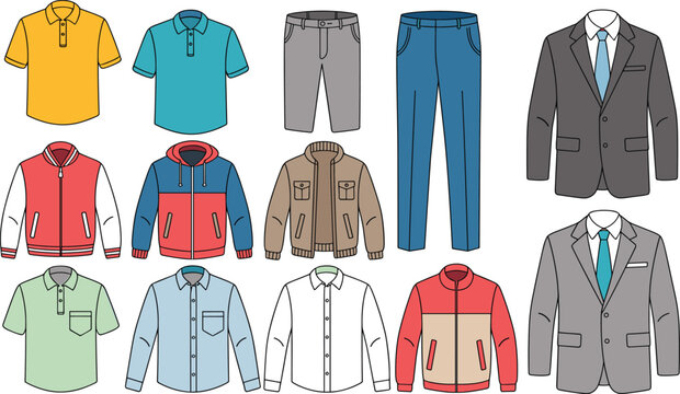 Flat Vector Icon Set of Men Fashion Garments and Casual Clothing Items Including Shirts Jackets Trousers and Suits