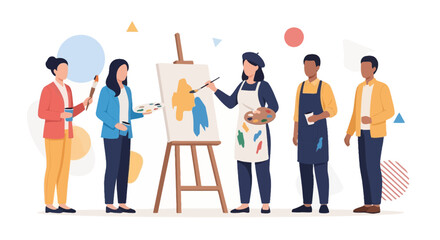 Fototapeta premium Diverse group of artists collaborating and painting in a bright studio, vector illustration