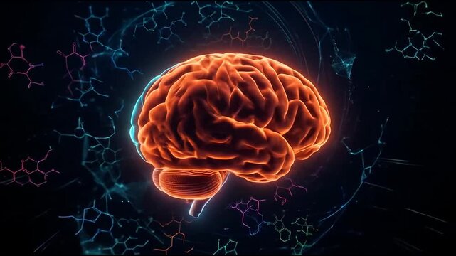 Glowing split human brain with neural network background.