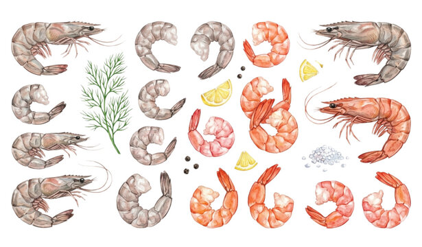 Watercolor fresh shrimp collection with realistic seafood and prawn illustrations