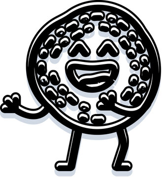 Sushi roll food character expressing joy and happiness, laughing with a wide open mouth and smiling eyes, a fun and appealing cartoon mascot in black and white illustration style