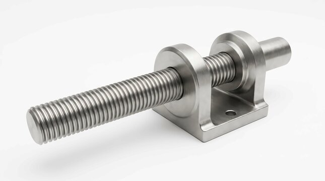 Shiny metal threaded lead screw mechanism featuring a sturdy mounting bracket on a plain white background