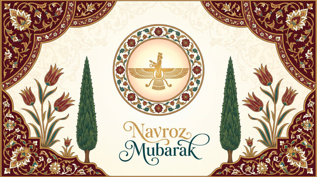 Elegant Navroz Mubarak greeting with Faravahar art for Parsi New Year celebration