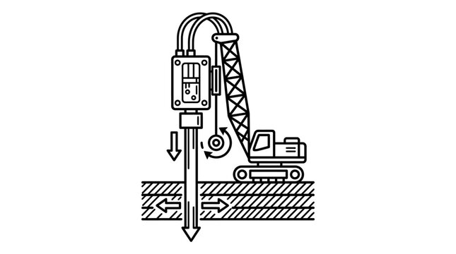 Technical illustration of pile driver machine operating underground.