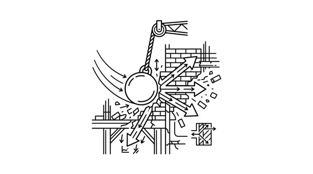 Wrecking ball demolishing a brick wall line art.