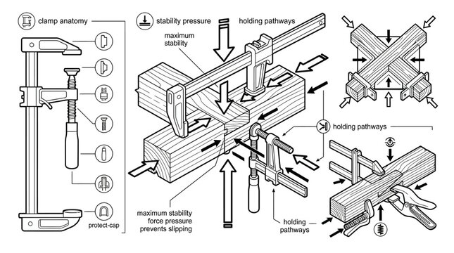 Woodworking clamp anatomy and pressure pathways schematic