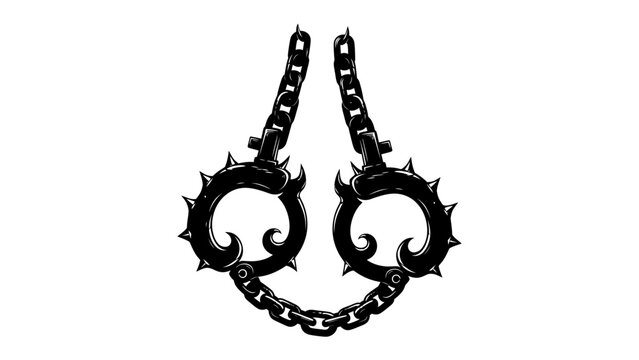 Bondage Symbol: A stark black illustration depicts a pair of spiked shackles connected by a heavy chain, symbolizing restraint and captivity.