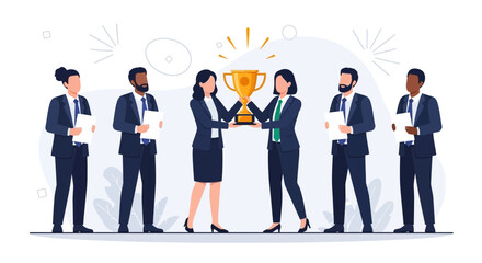 Obraz premium Diverse Business Team Celebrates Winning a Golden Trophy, Representing Success, Achievement, and Teamwork