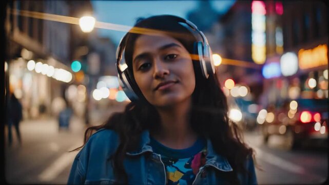 Young Woman in Denim Jacket Wearing Headphones on City Street at Night