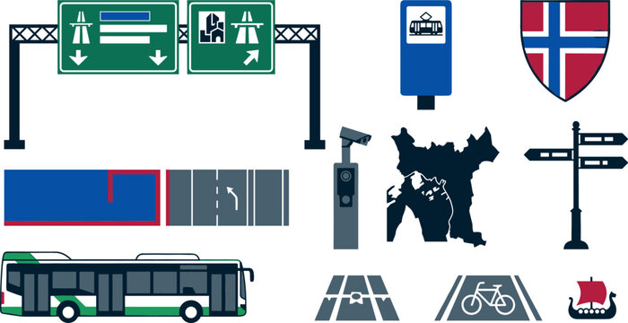 Norway Public Transport and Highway Road Sign Vector Icon Set with Oslo Map City Bus Bicycle Lane and Viking Ship Symbols for Urban Wayfinding Designs