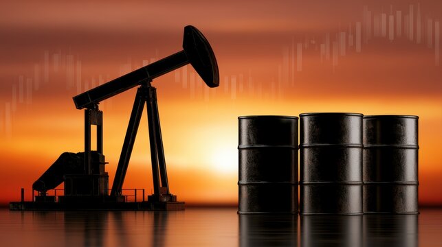 Pumpjack and oil barrels with sunset stock chart overlay for energy analysis