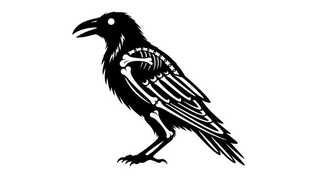 Anatomical Raven Illustration: A stylized illustration of a black raven, revealing its internal skeletal structure with striking detail.