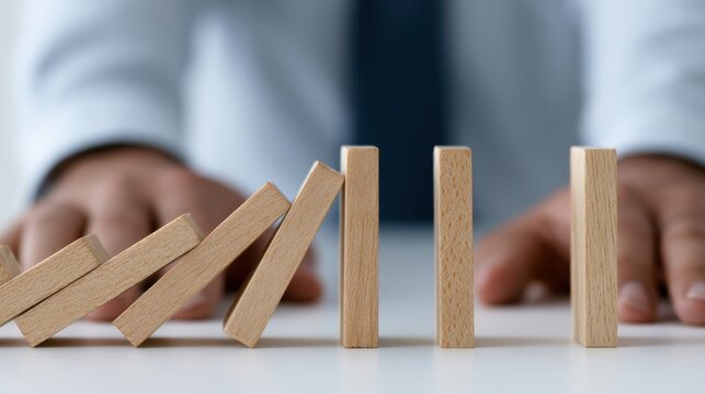 Business professionals stopping a cascading domino effect, crisis prevention, corporate resilience strategy, risk mitigation concept