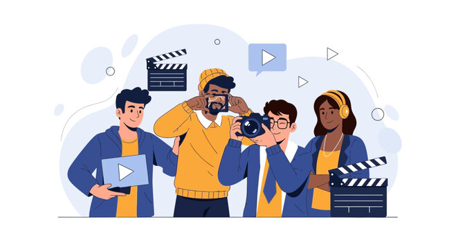 Diverse Media Production Team: Filmmakers, Photographers, and Editors Collaborating on Content Creation