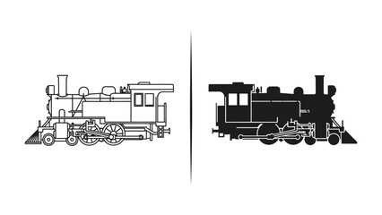 Vintage Steam Locomotive: A classic steam engine rendered in both detailed outline and solid silhouette, showcasing the iconic design of a bygone era of transportation. © Mdalamgir