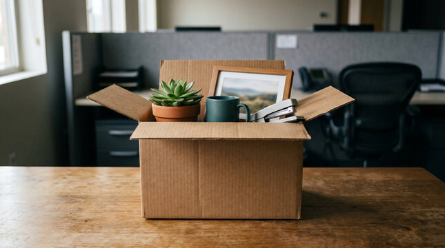 Cardboard moving box with personal items and plant on office desk cardboard personal succulent workspace