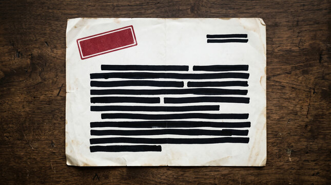 Censored document with red stamp and black redacted text on wood surface document redacted censored
