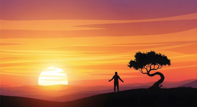 Silhouetted Man with Bent Tree at Sunset on Horizon