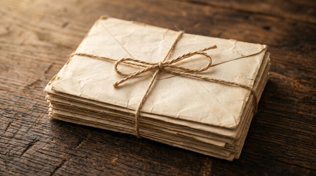 Stack of vintage letters tied with twine on dark wooden table envelope correspondence nostalgia document