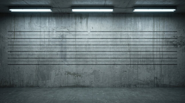 Police identification mugshot background with height measurement chart on concrete wall, background