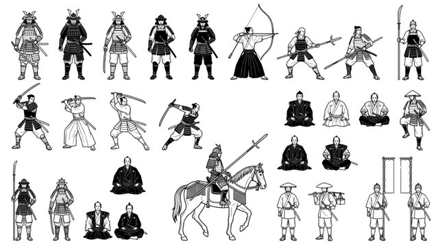 Collection of black and white illustrations depicting various historical Japanese samurai warriors in different poses and attire, including archers, swordsmen, and horseback riders.