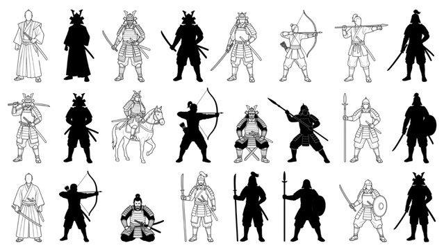 A collection of illustrations depicting various samurai warriors in traditional armor and attire, showcasing different stances and weaponry, including swords, bows, and spears