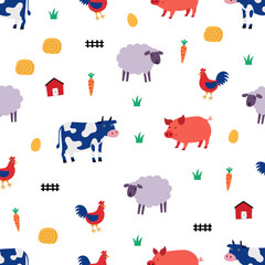 Obraz premium Minimal farm animal seamless pattern with livestock and agriculture elements.