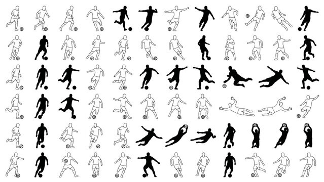 A collection of football player illustrations in various poses, depicting actions like kicking, running, and diving, in both solid silhouettes and line art
